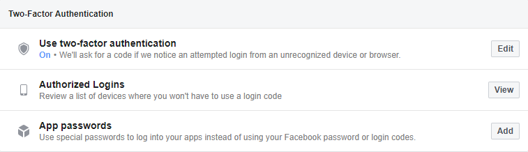 Facebook Two Factor Authentication